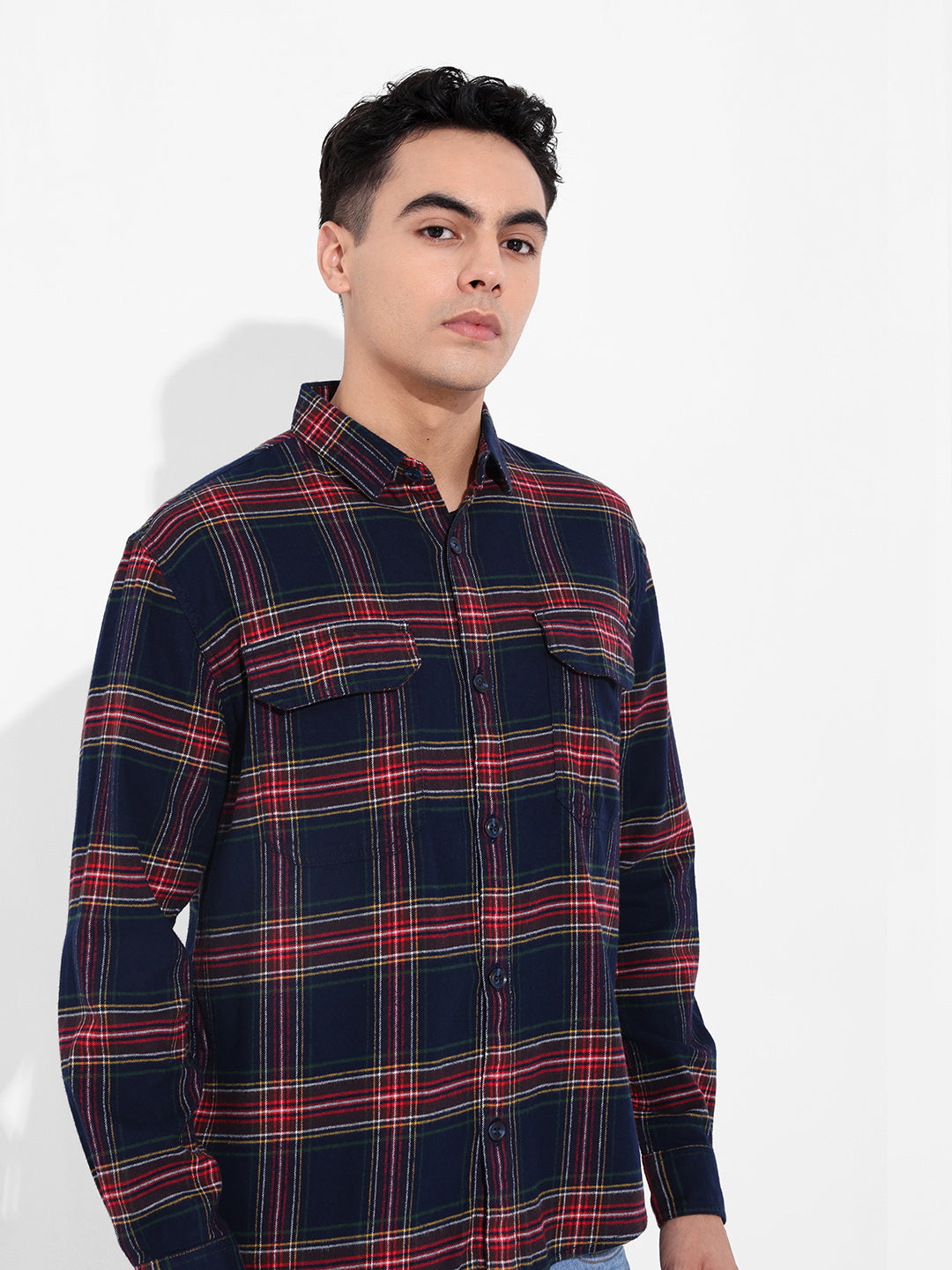 Men's Navy Regular Fit Casual Checkered Shirt