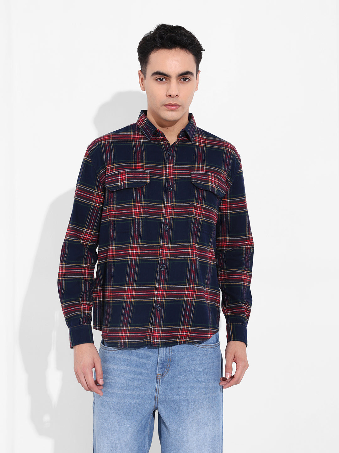 Men's Navy Regular Fit Casual Checkered Shirt