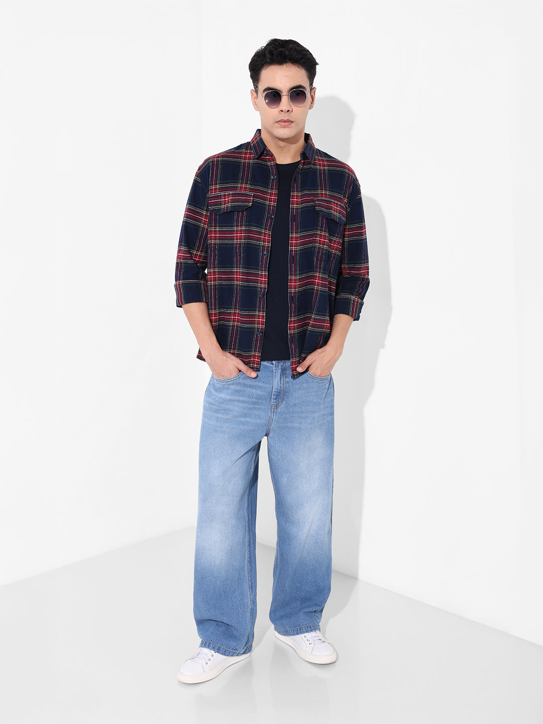 Men's Navy Regular Fit Casual Checkered Shirt