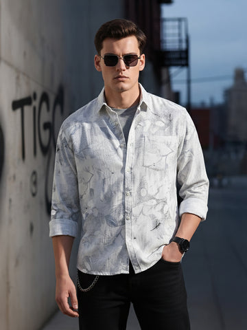 Men's Grey Relaxed Fit Printed Casual Shirt