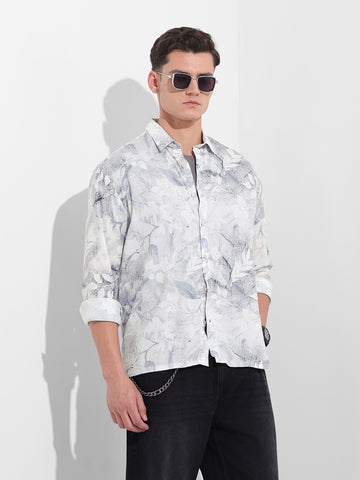 Men's Grey Relaxed Fit Printed Casual Shirt