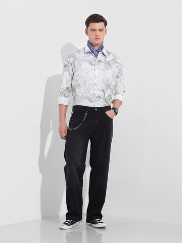 Men's Grey Relaxed Fit Printed Casual Shirt