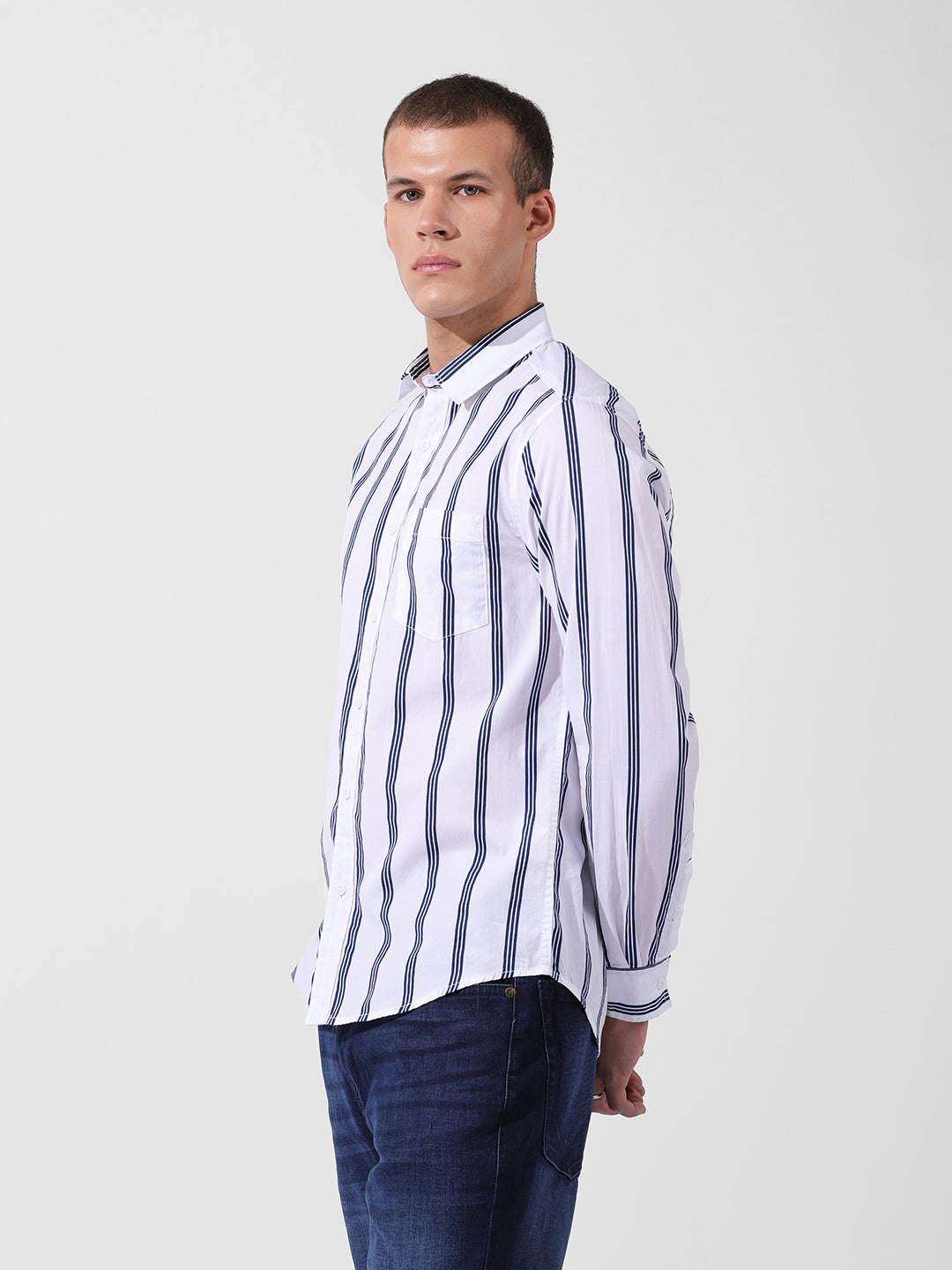 Men's White Regular Fit Striped Casual Shirt