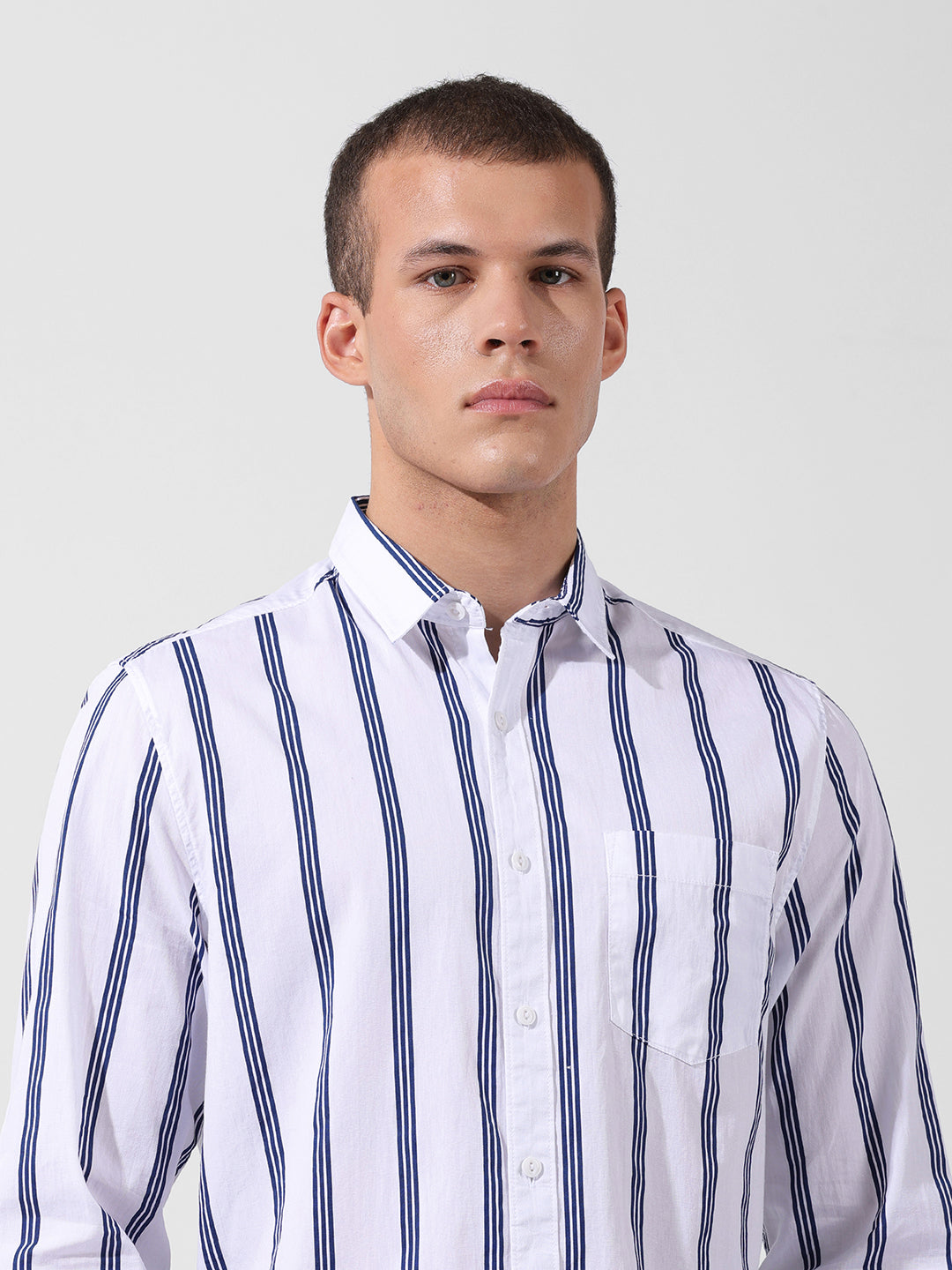 Men's White Regular Fit Striped Casual Shirt