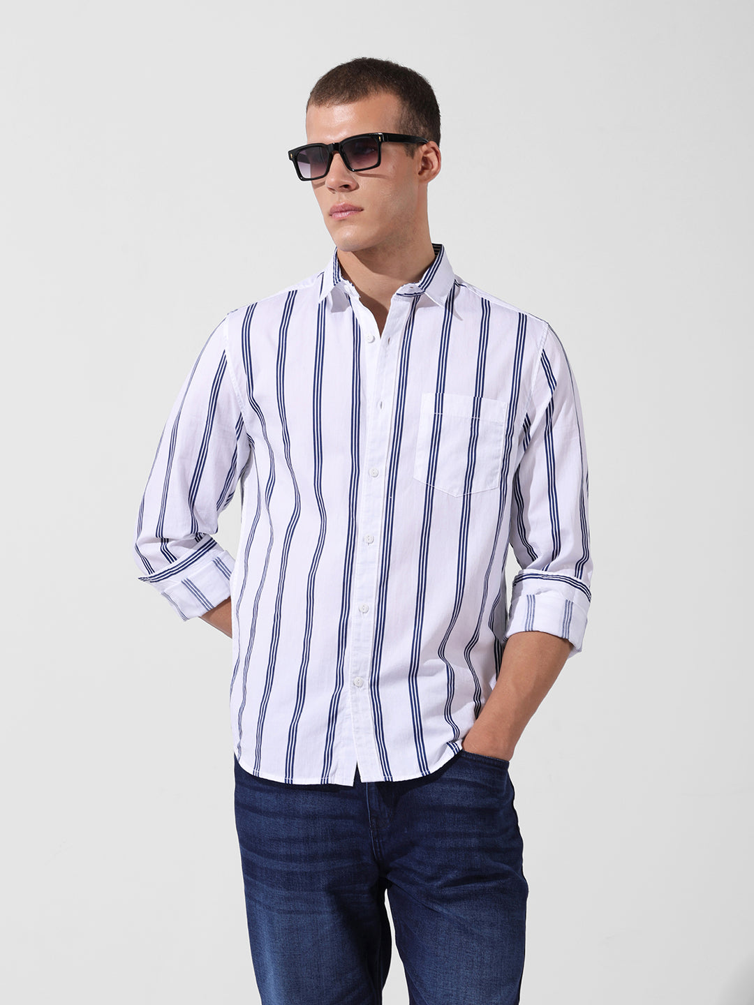 Men's White Regular Fit Striped Casual Shirt