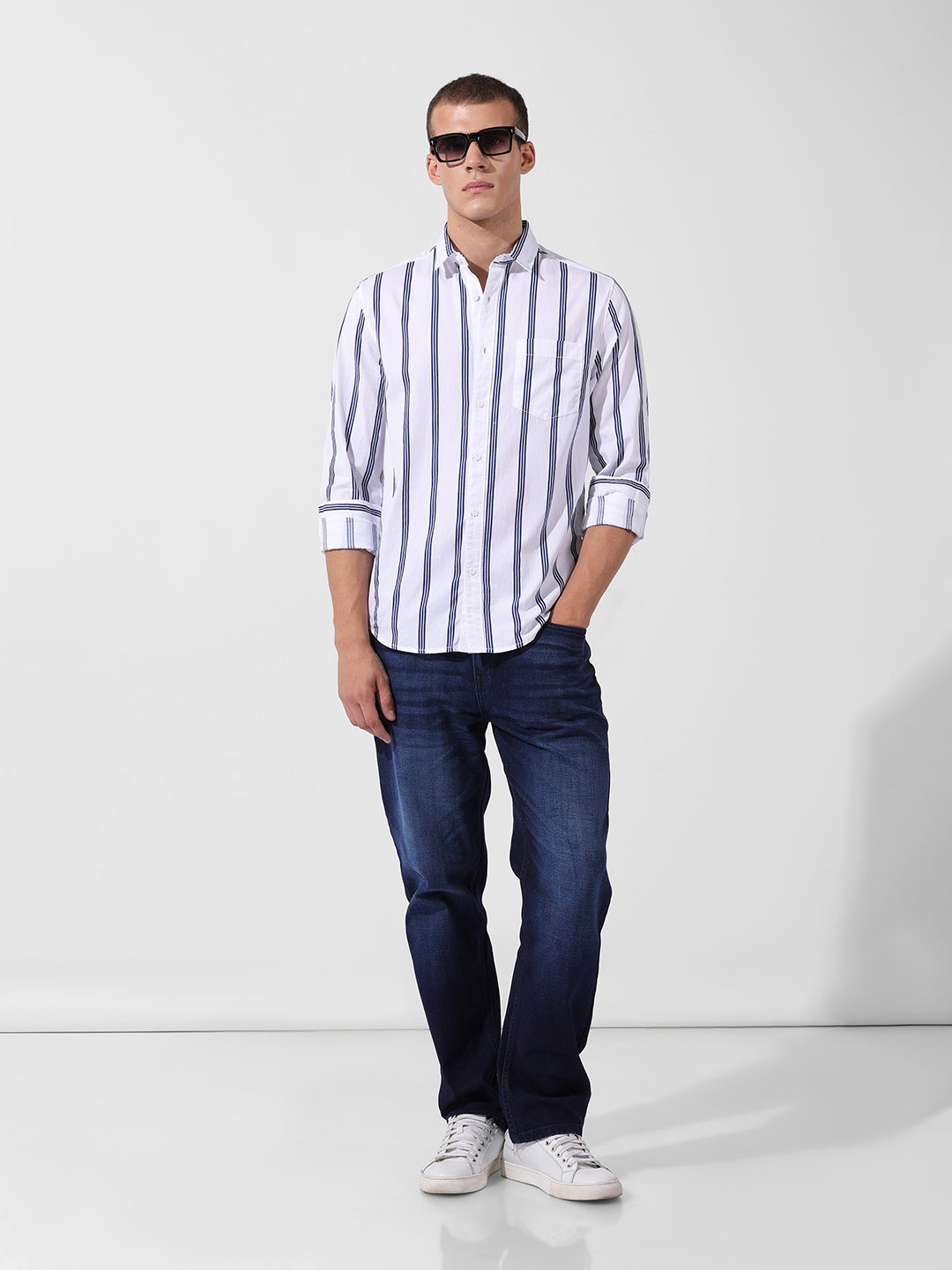 Men's White Regular Fit Striped Casual Shirt