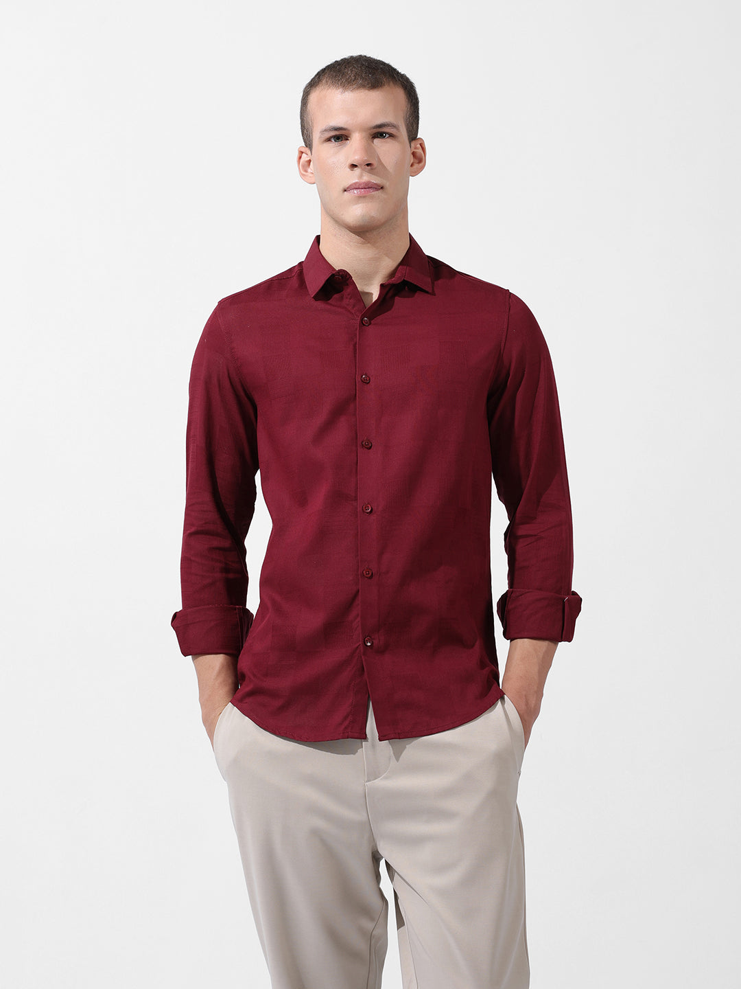 Men's Maroon Slim Fit Textured Party Wear Shirt