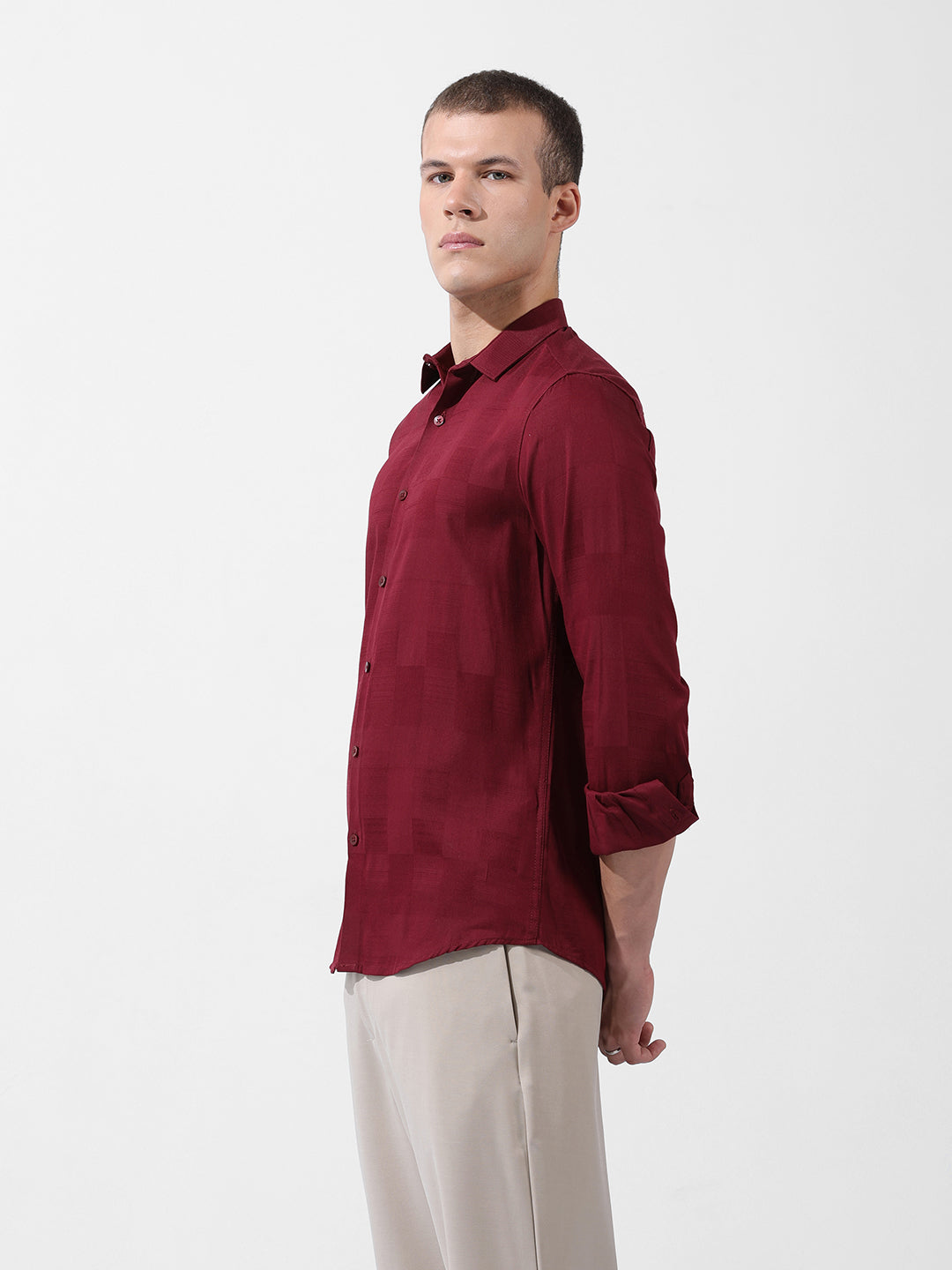 Men's Maroon Slim Fit Textured Party Wear Shirt