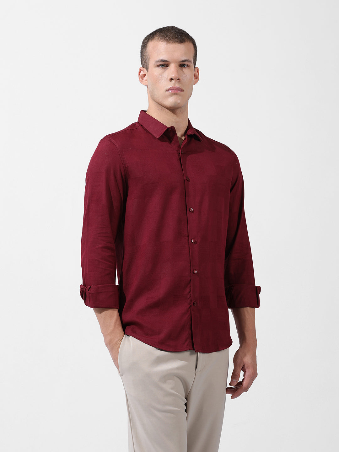 Men's Maroon Slim Fit Textured Party Wear Shirt