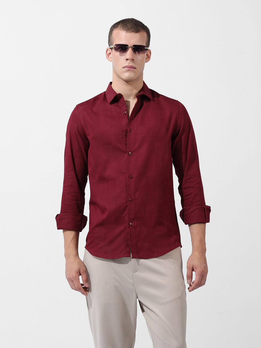 Men's Maroon Slim Fit Textured Party Wear Shirt