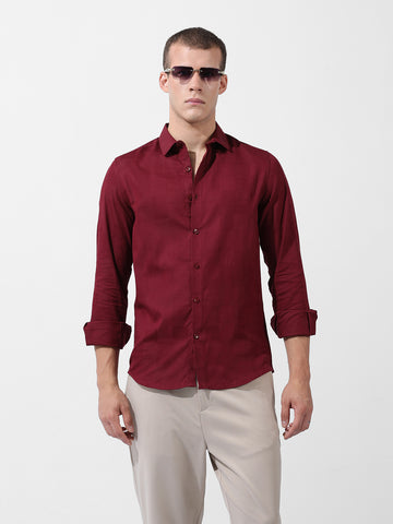 Men's Maroon Slim Fit Textured Party Wear Shirt