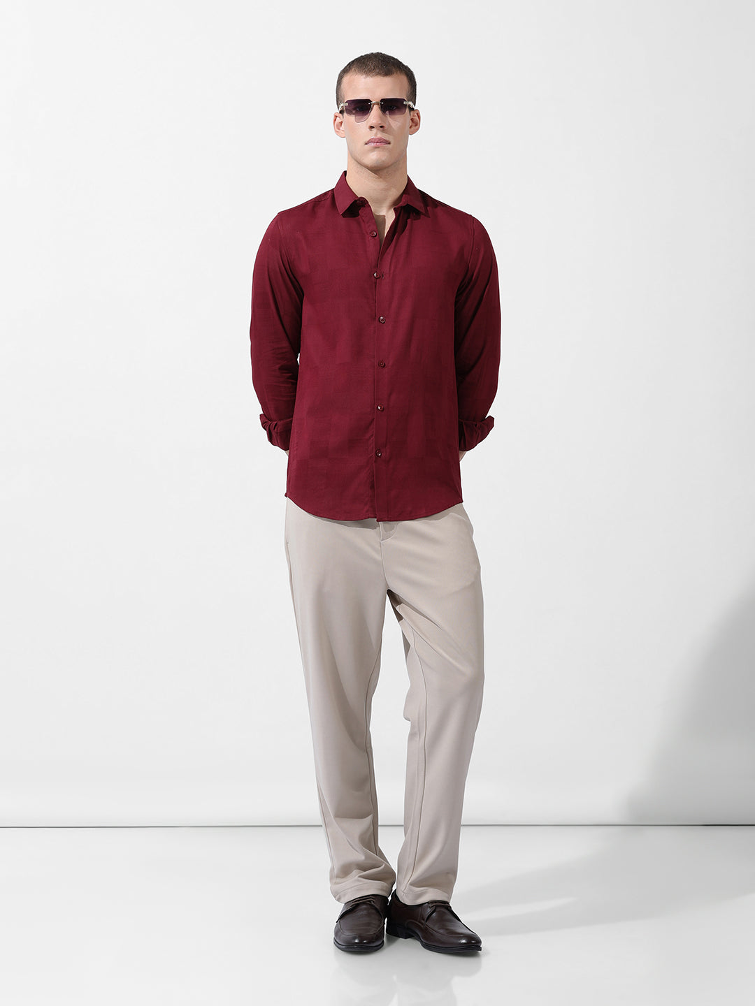 Men's Maroon Slim Fit Textured Party Wear Shirt