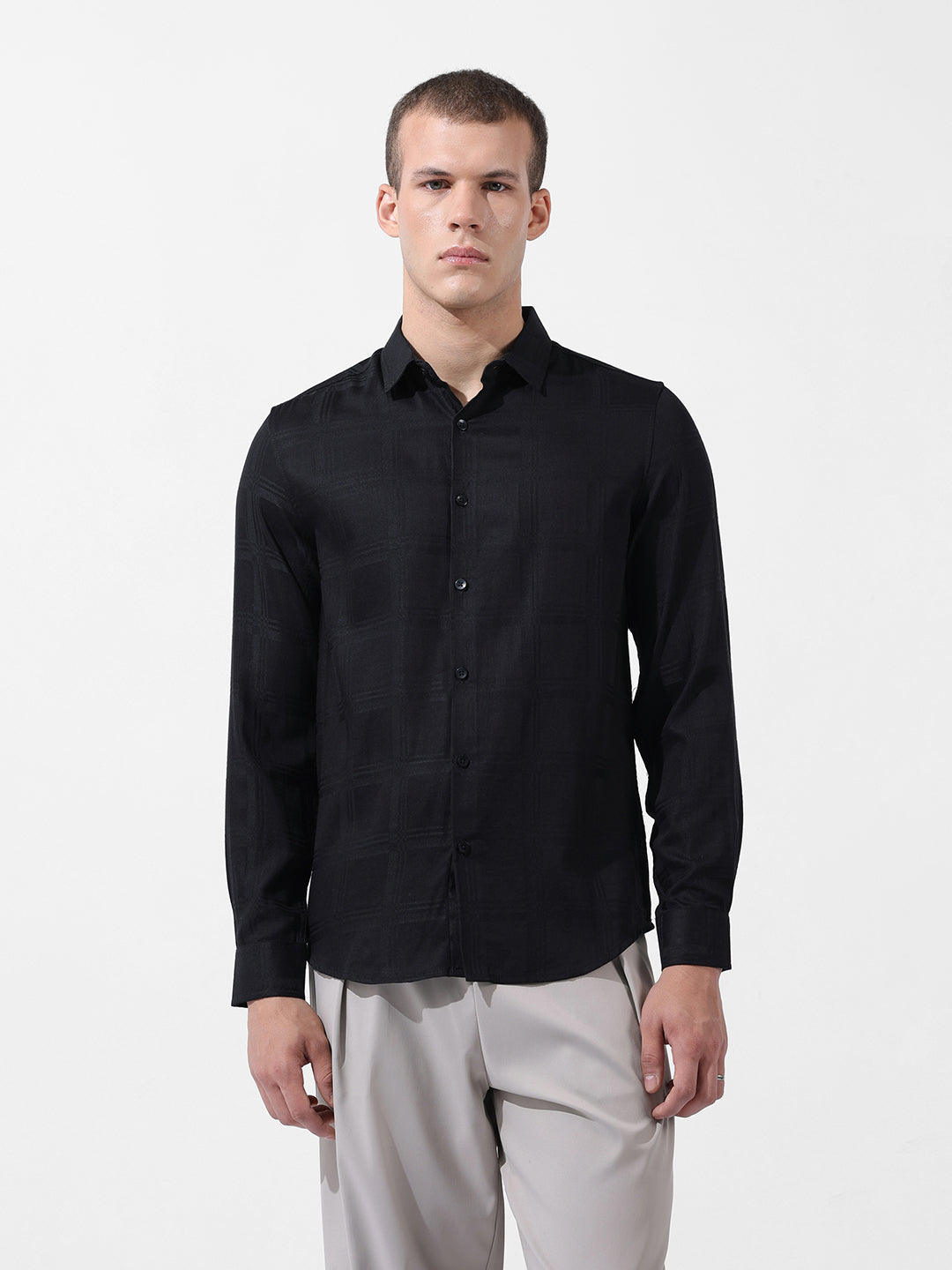 Men's Black Slim Fit Textured Party Wear Shirt