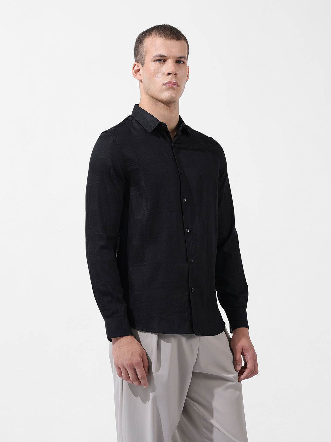 Men's Black Slim Fit Textured Party Wear Shirt