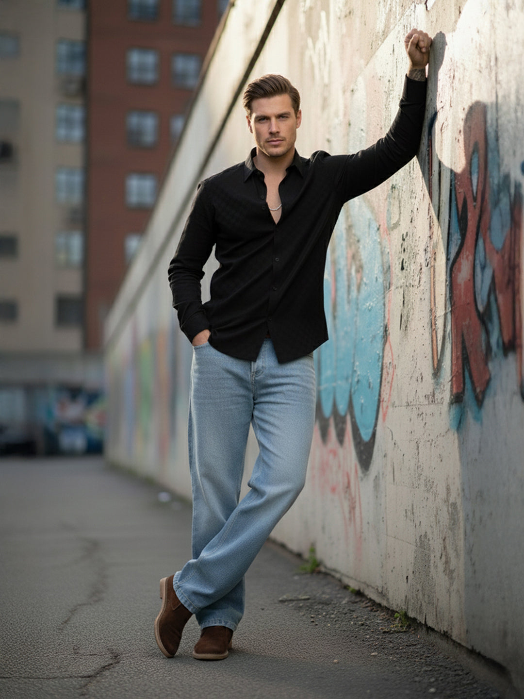 Men's Black Slim Fit Textured Party Wear Shirt