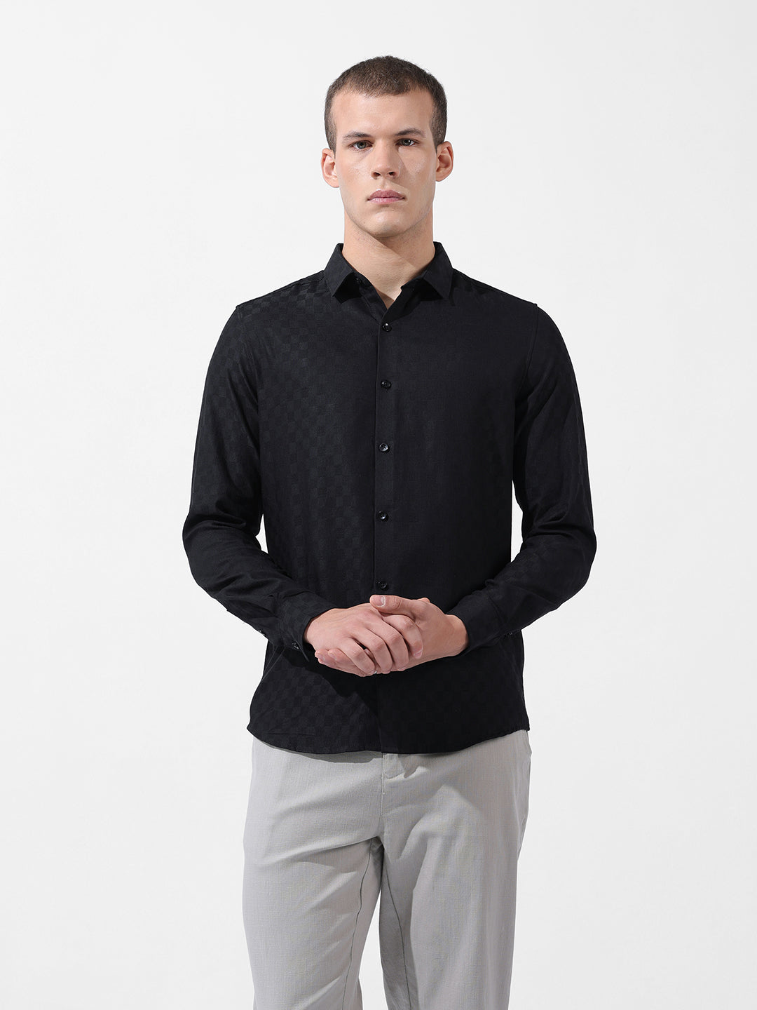 Men's Black Slim Fit Textured Party Wear Shirt