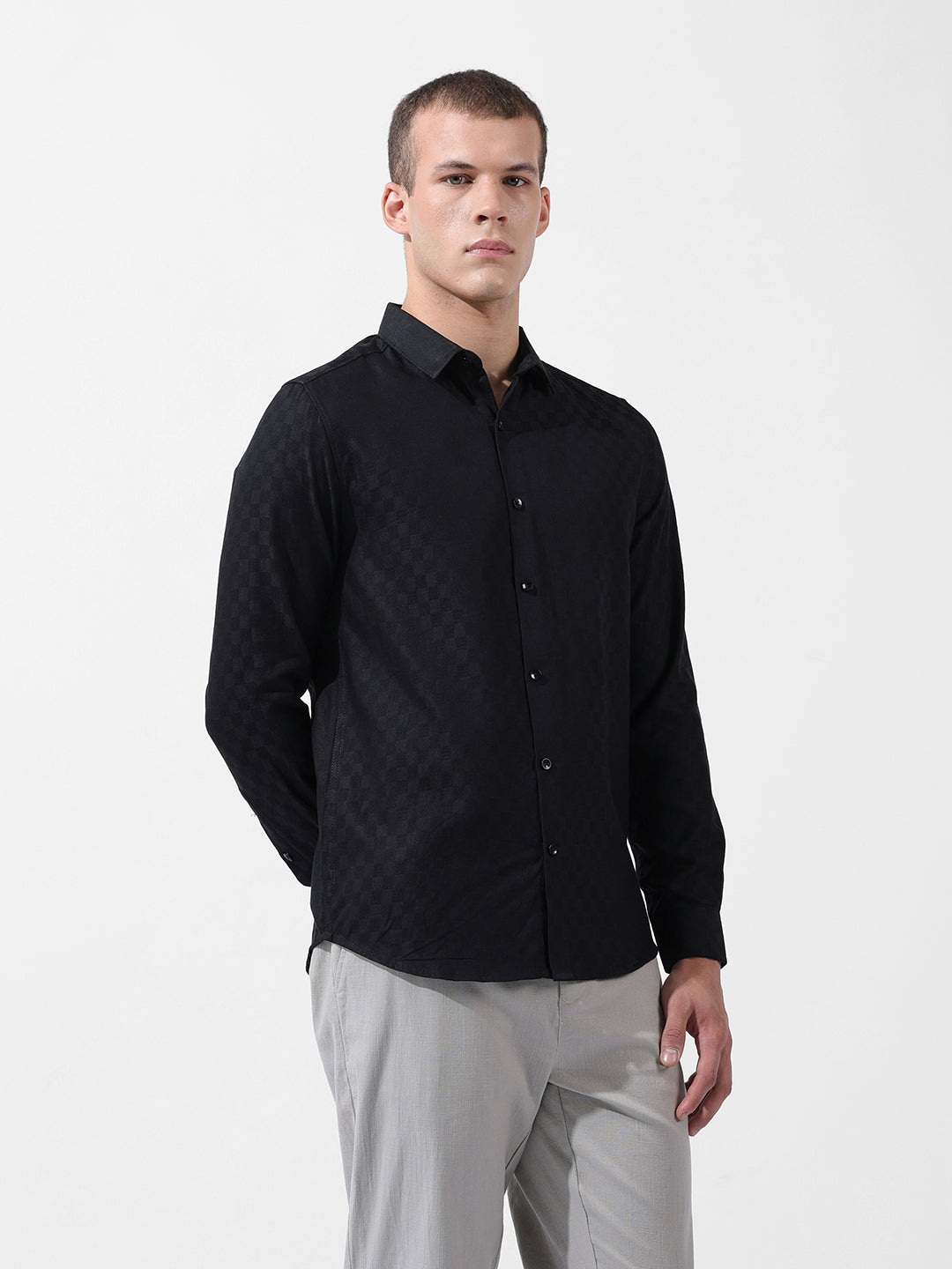 Men's Black Slim Fit Textured Party Wear Shirt
