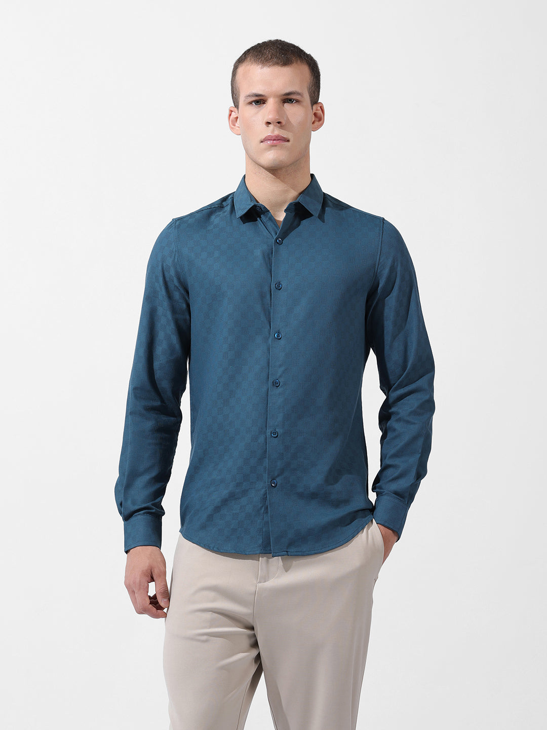 Men's Blue Slim Fit Textured Party Wear Shirt