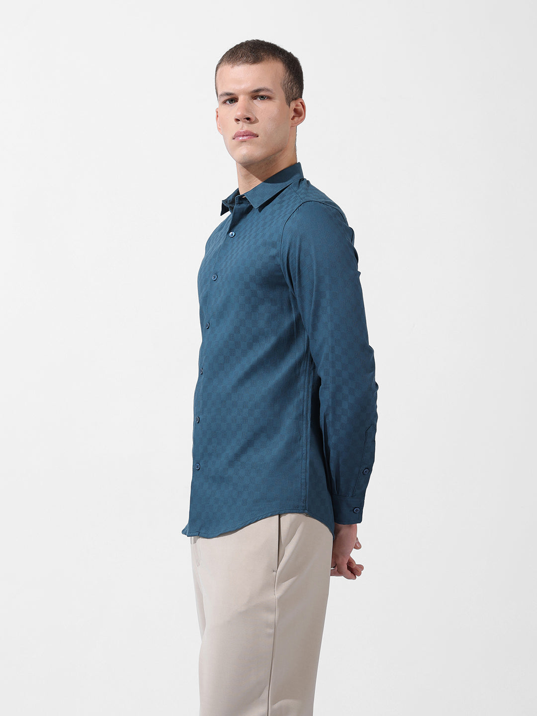 Men's Blue Slim Fit Textured Party Wear Shirt