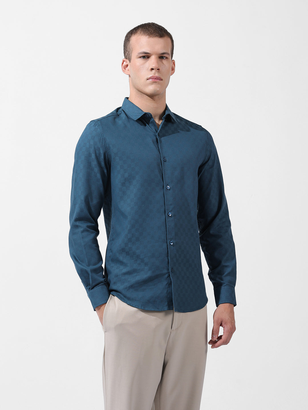 Men's Blue Slim Fit Textured Party Wear Shirt