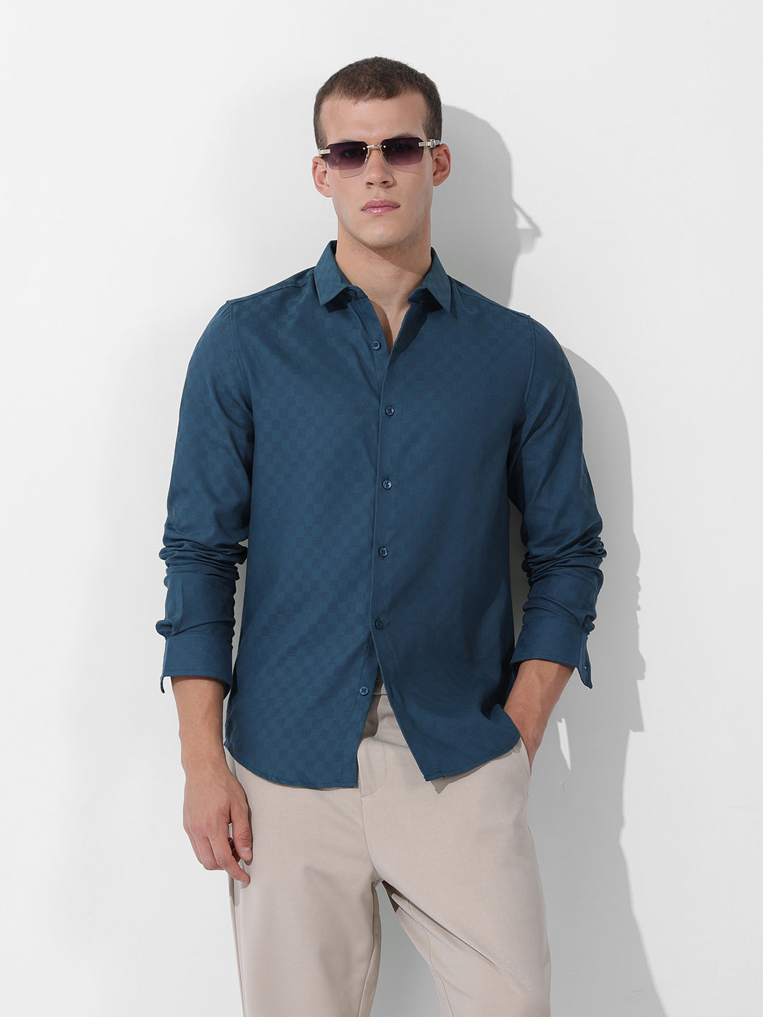 Men's Blue Slim Fit Textured Party Wear Shirt