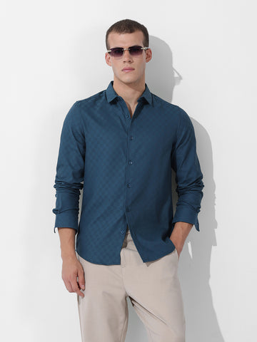 Men's Blue Slim Fit Textured Party Wear Shirt