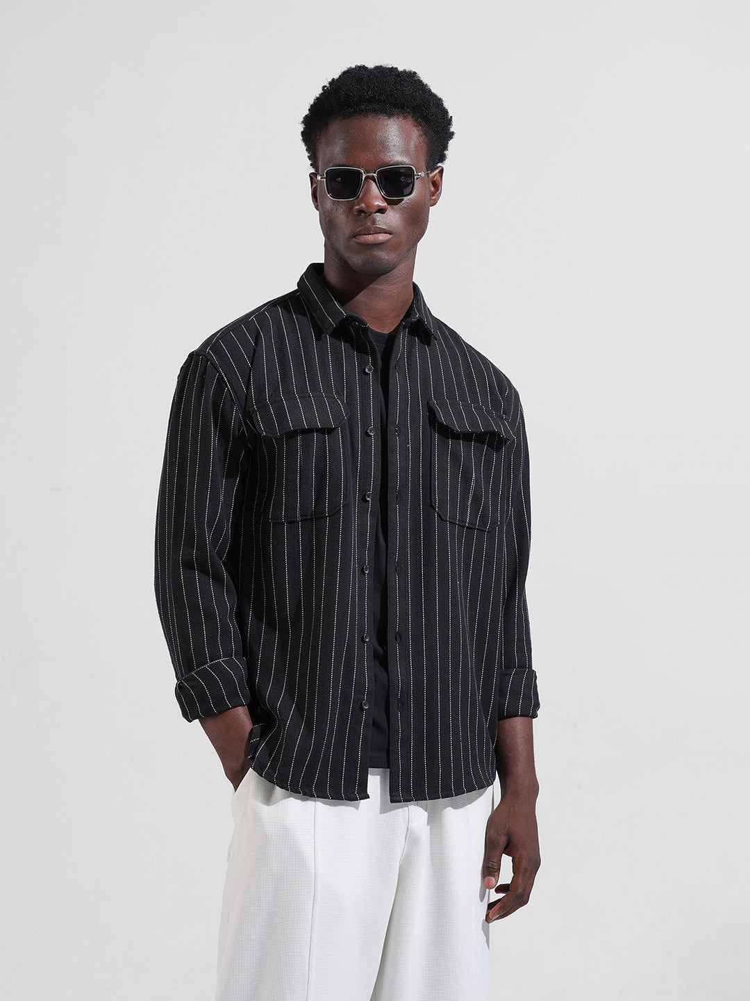 Men's Black Relaxed Fit Striped Casual Shirt