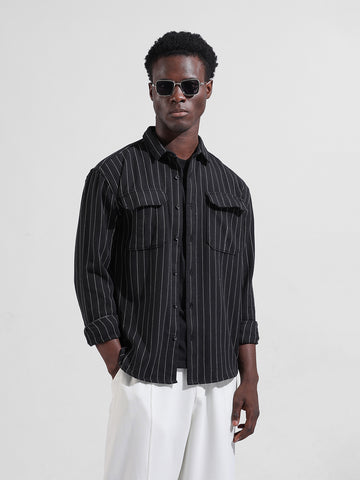 Men's Black Relaxed Fit Striped Casual Shirt