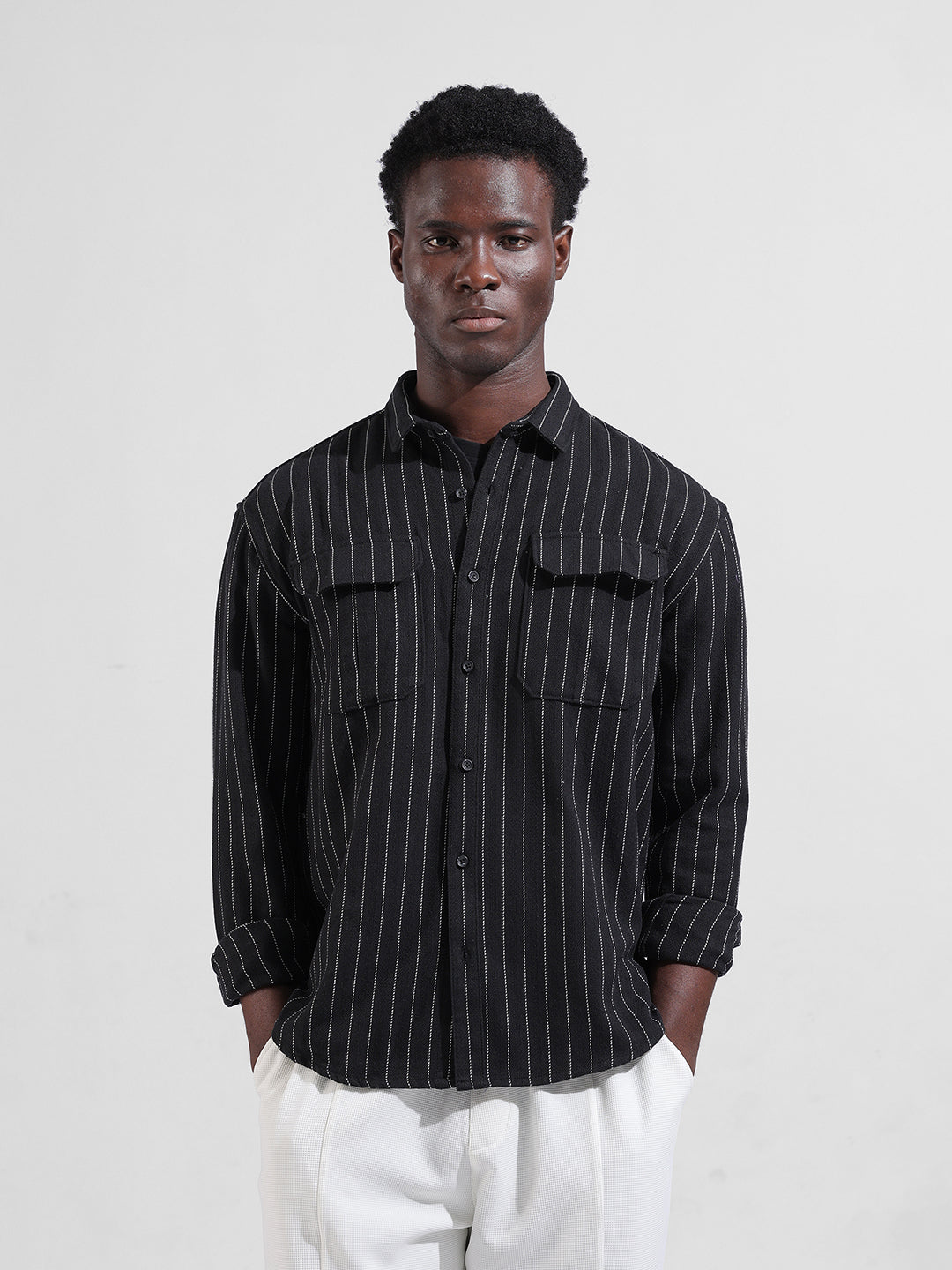 Men's Black Relaxed Fit Striped Casual Shirt