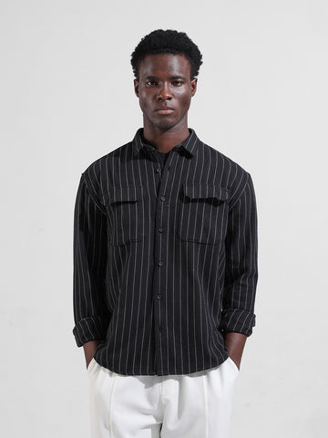 Men's Black Relaxed Fit Striped Casual Shirt