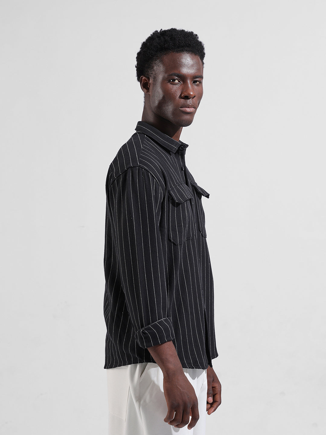 Men's Black Relaxed Fit Striped Casual Shirt