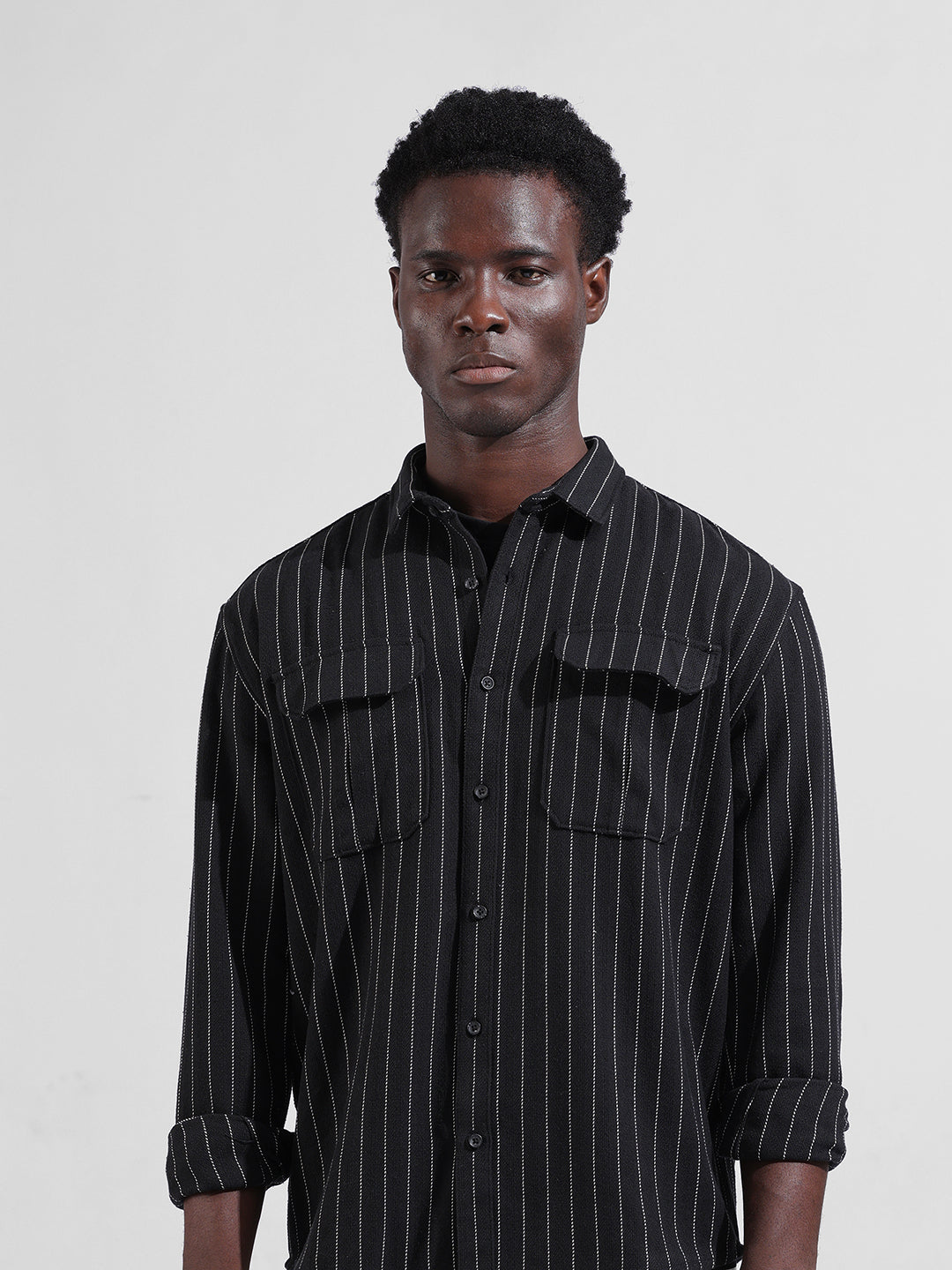 Men's Black Relaxed Fit Striped Casual Shirt