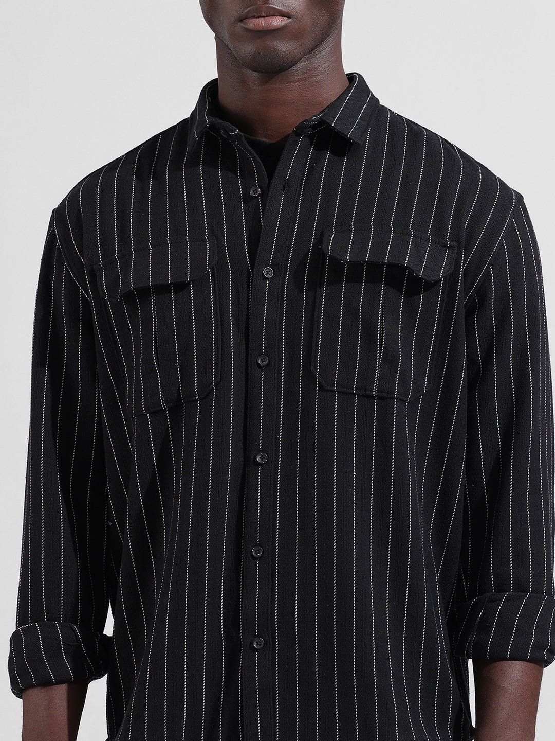 Men's Black Relaxed Fit Striped Casual Shirt