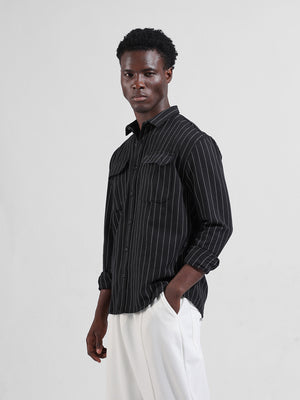 Men's Black Relaxed Fit Striped Casual Shirt