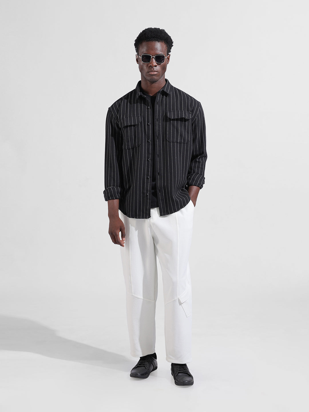 Men's Black Relaxed Fit Striped Casual Shirt