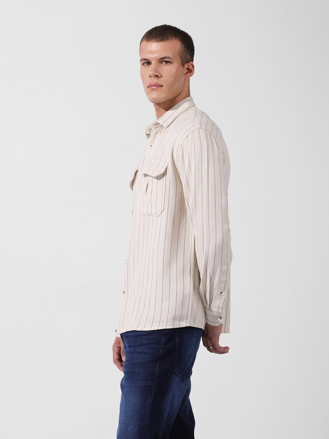 Men's Off White White Relaxed Fit Striped Casual Shirt