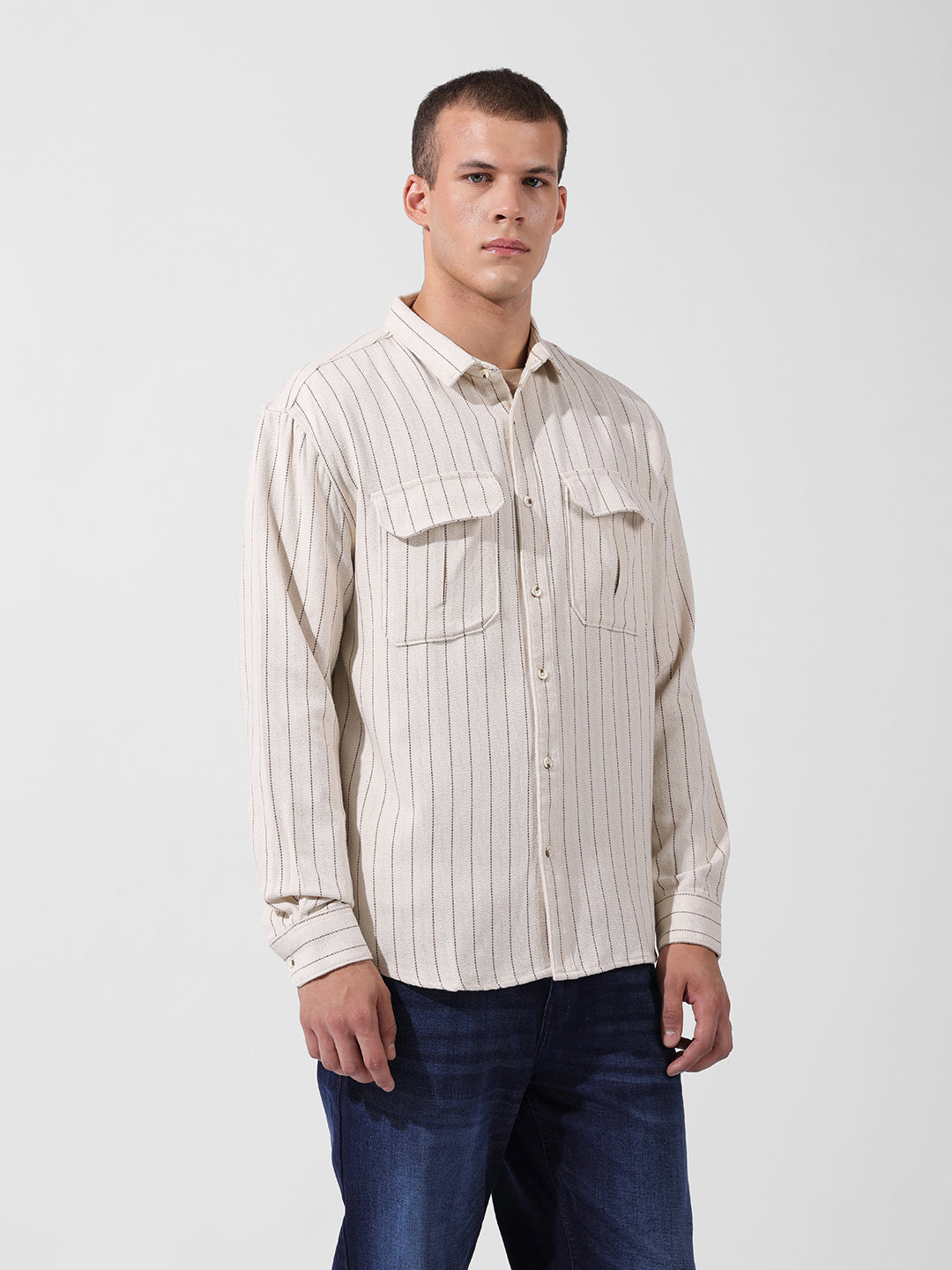 Men's Off White White Relaxed Fit Striped Casual Shirt