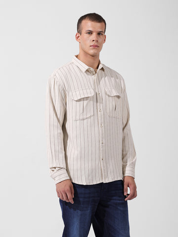 Men's Off White White Relaxed Fit Striped Casual Shirt