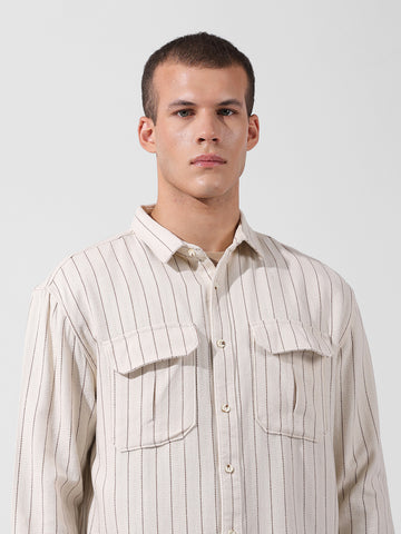 Men's Off White White Relaxed Fit Striped Casual Shirt