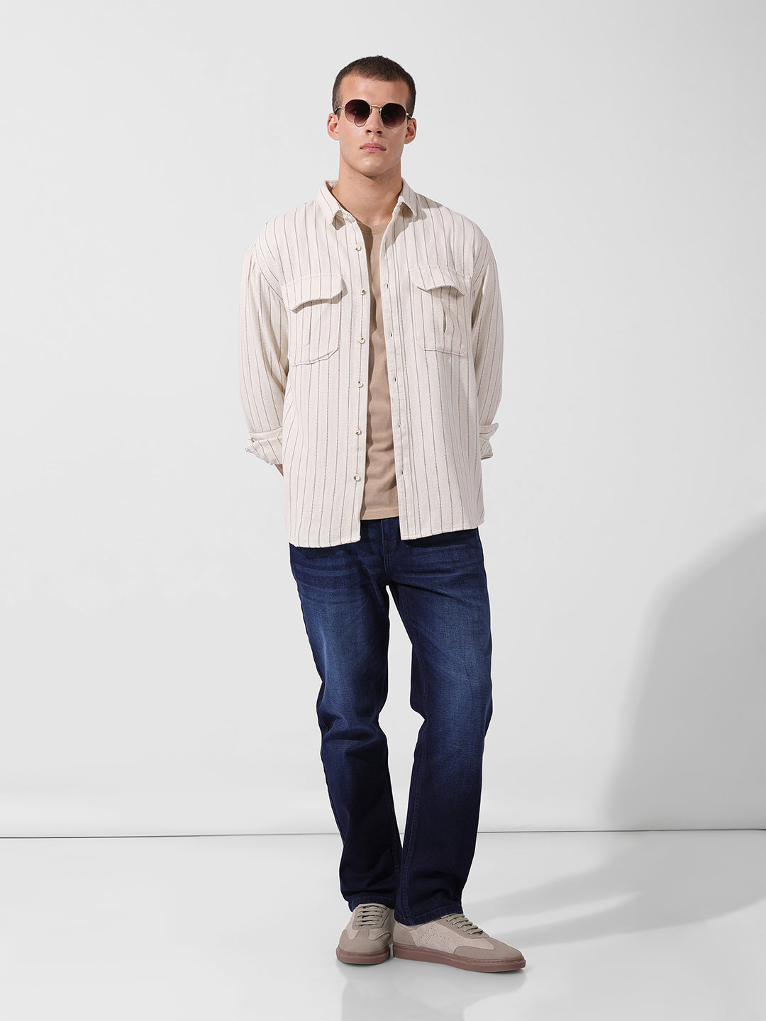 Men's Off White White Relaxed Fit Striped Casual Shirt