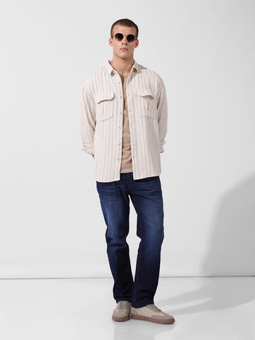 Men's Off White White Relaxed Fit Striped Casual Shirt