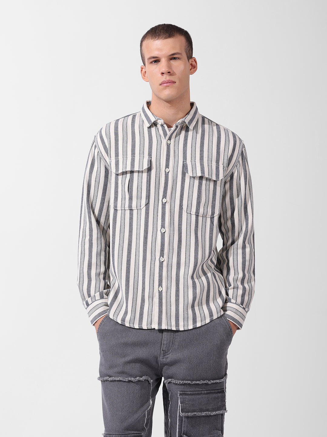 Men's Grey Relaxed Fit Striped Casual Shirt