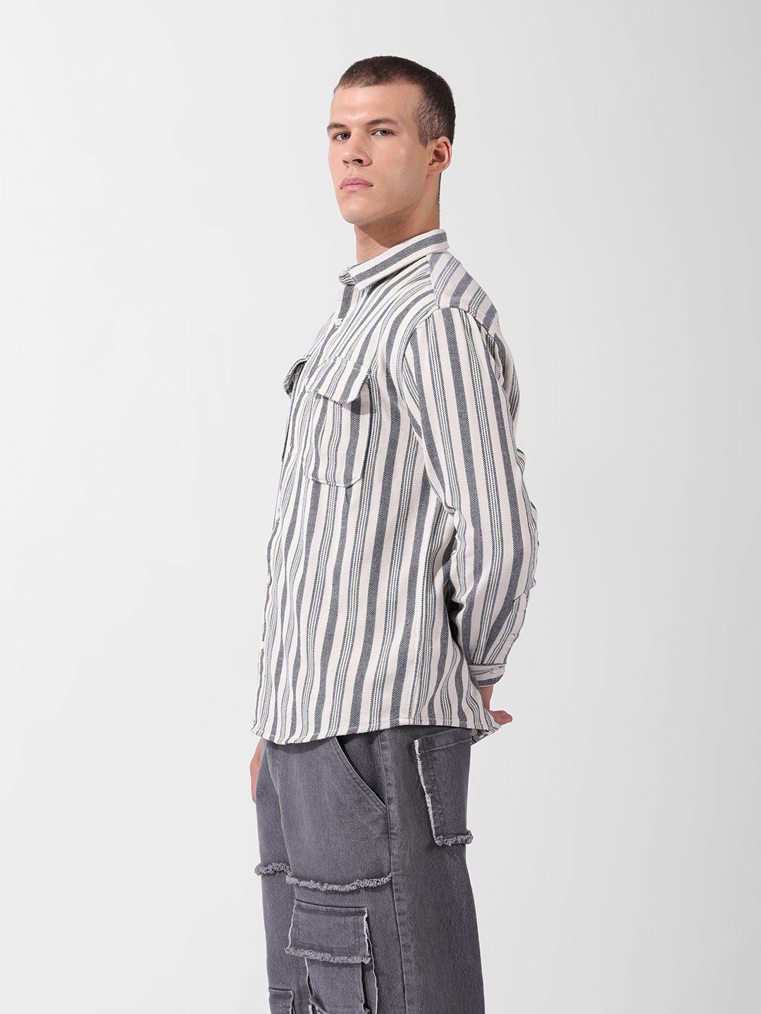Men's Grey Relaxed Fit Striped Casual Shirt