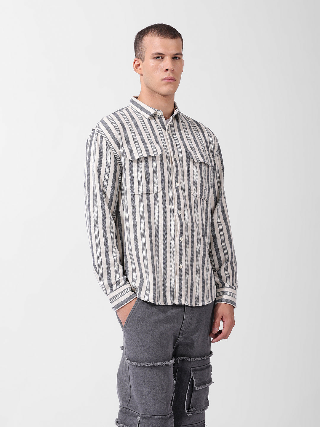 Men's Grey Relaxed Fit Striped Casual Shirt