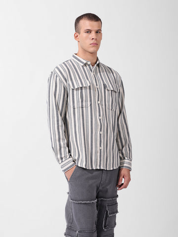 Men's Grey Relaxed Fit Striped Casual Shirt