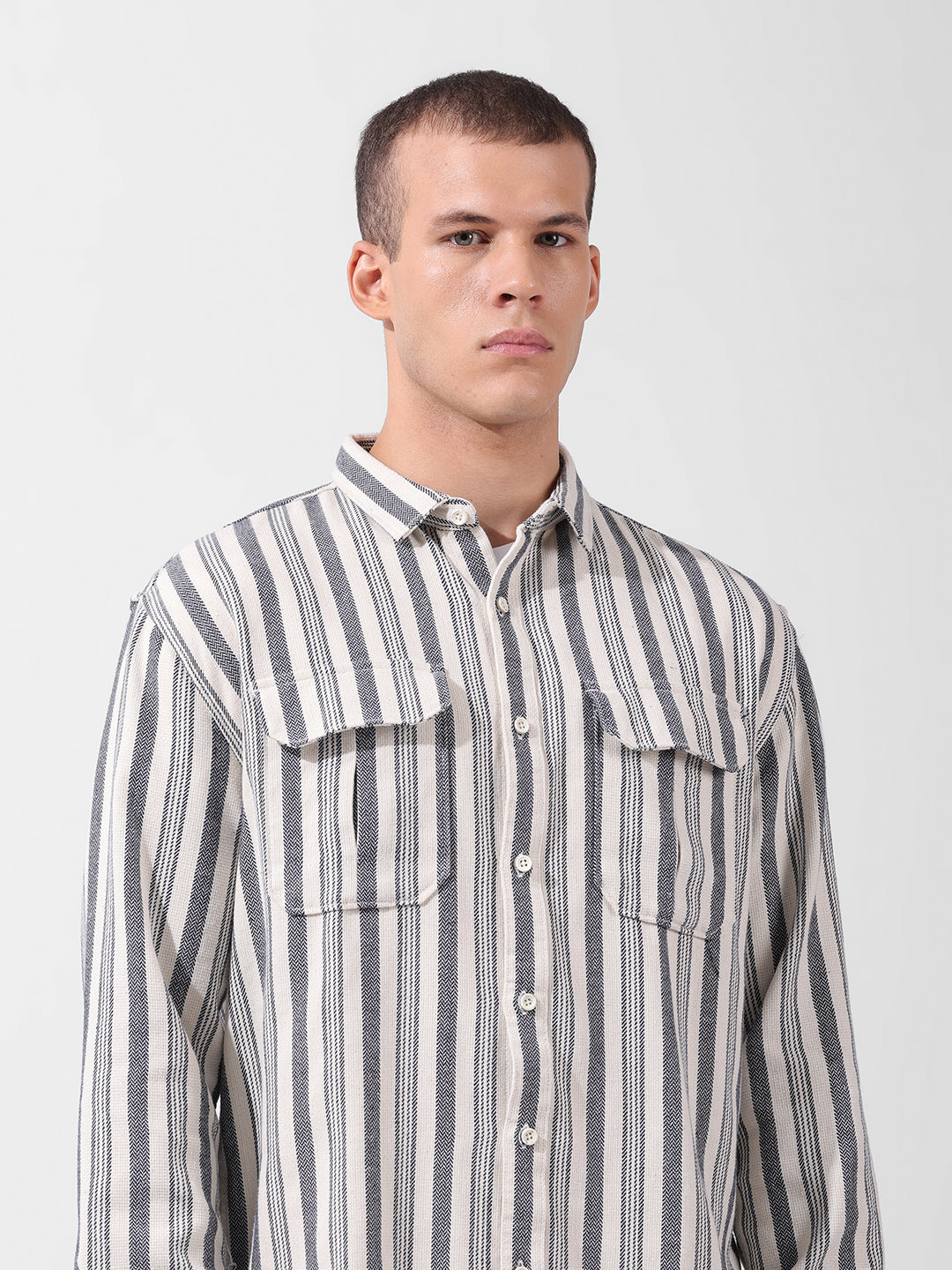Men's Grey Relaxed Fit Striped Casual Shirt