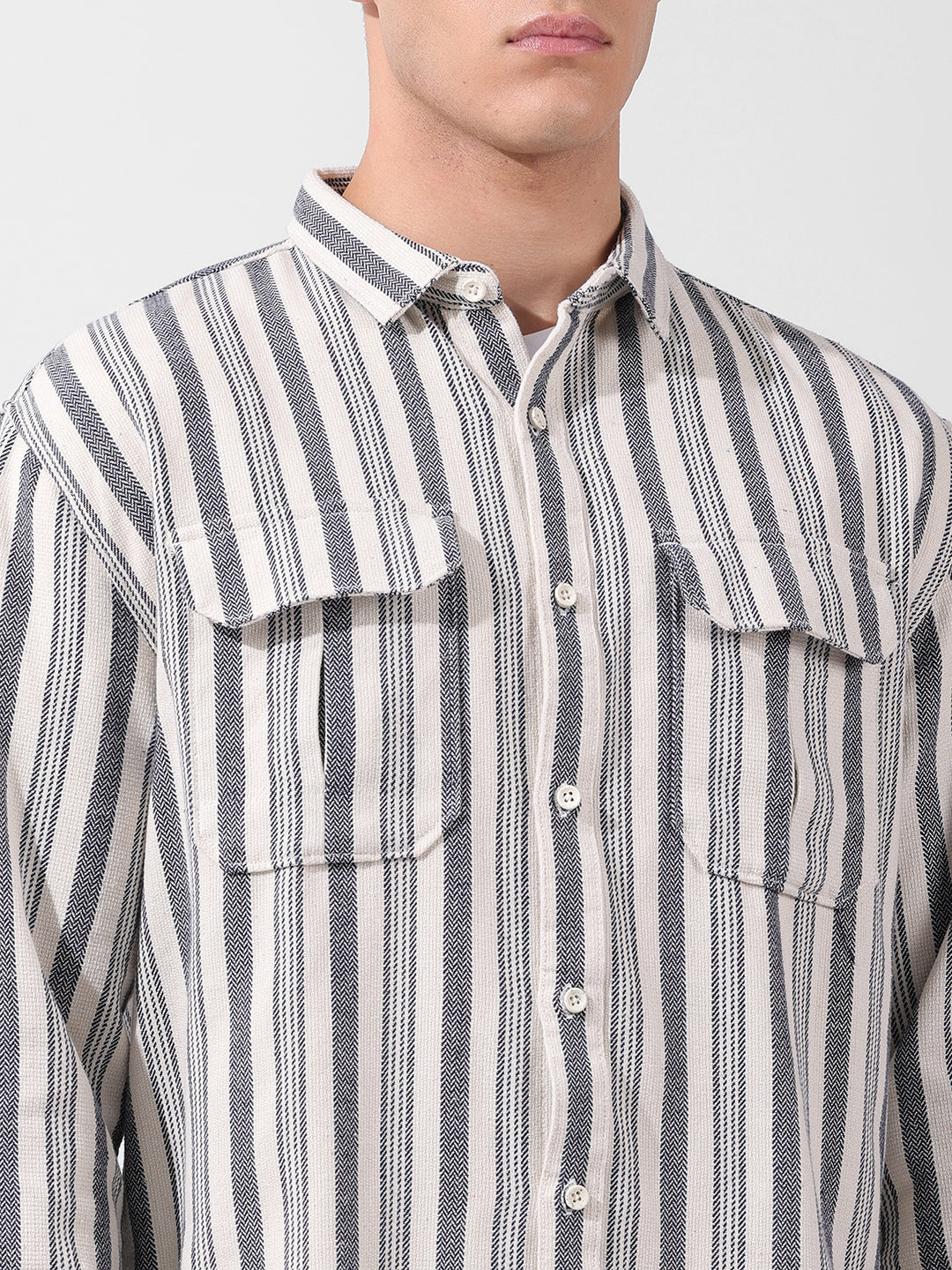 Men's Grey Relaxed Fit Striped Casual Shirt