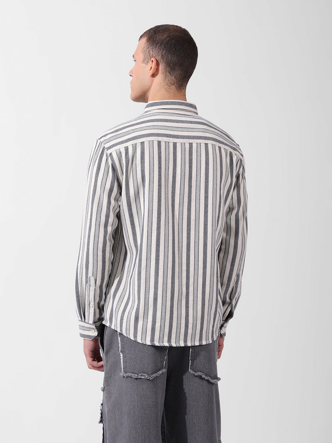 Men's Grey Relaxed Fit Striped Casual Shirt