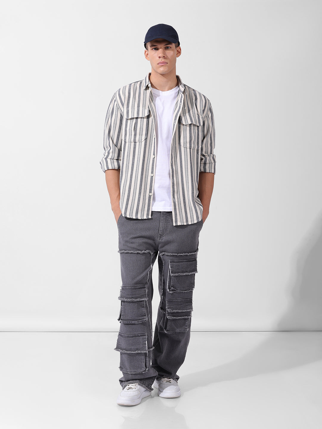 Men's Grey Relaxed Fit Striped Casual Shirt