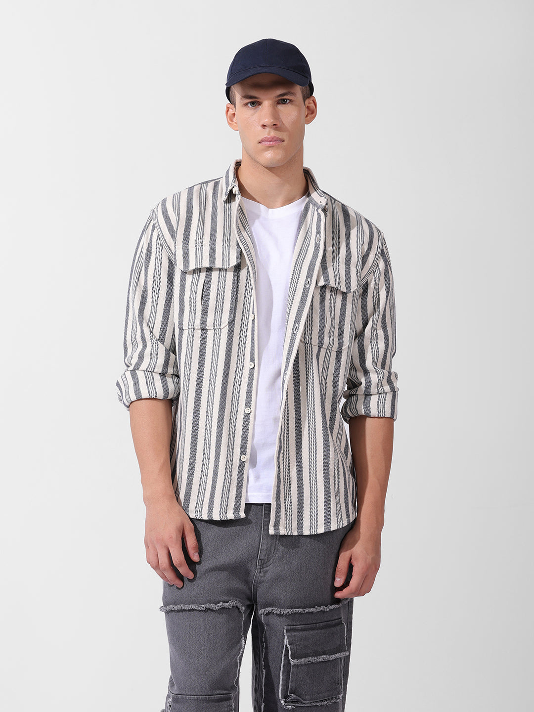 Men's Grey Relaxed Fit Striped Casual Shirt